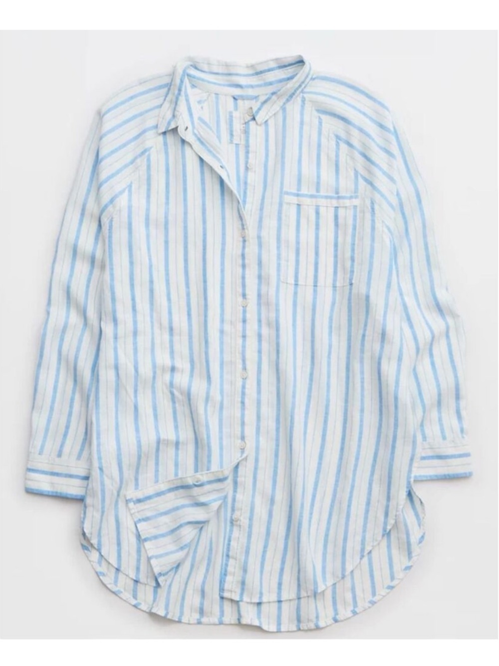 Aerie Pool-To-Party Linen Blend Cover Up Shirt Button Up Blue Stripe Medium